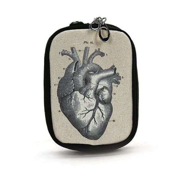 Vintage Anatomical Heart Canvas Wristlet – 5” Strap • Canvas Zip Pouch - Picture 1 of 2